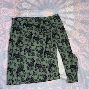 shin length Green Skirt with slit & Black Floral Pattern
